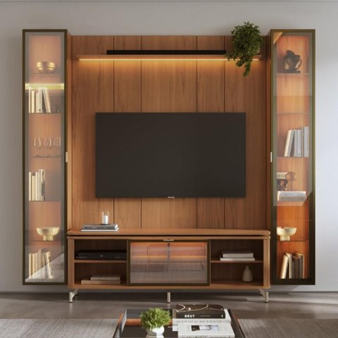 Estante para TV Home Theater 75" 100% MDF 254cm Cristaleiras Reflecta LED Interno Canella