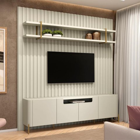 Rack e Painel Ripado 280cm com Prateleira Suspensa 100% Mdf Cor:luna com Dourado