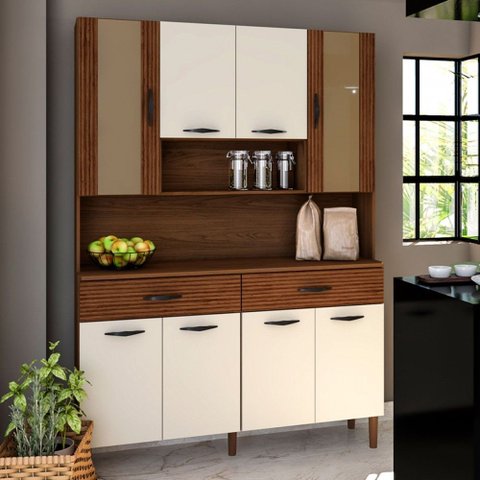 Armário de Cozinha com Balcão Star 8 Portas 2 Gavetas com Vidro Ripado 3d Nogueira/off White - Pnr M