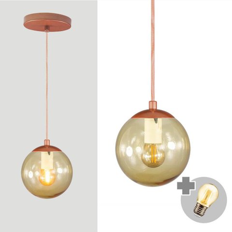 Pendente Bronze C/ Globo de Vidro Ambar de 14cm + Led 2w