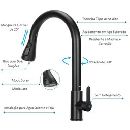 Torneira de Cozinha com Ducha Extensível Chuveirinho e Jato Monocomando de Água Quente e Fria - 3