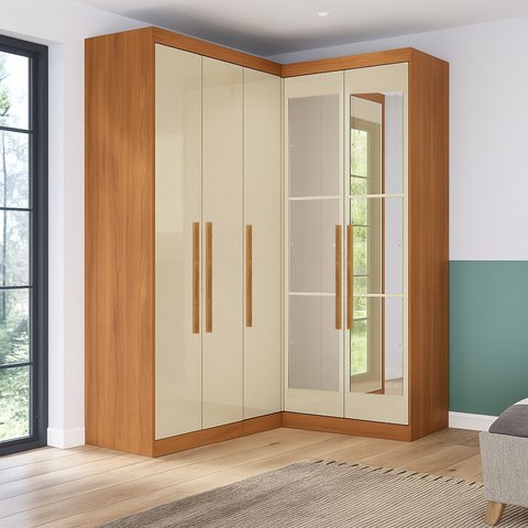 Guarda-Roupa Modulação de Canto com Puxadores MDF com Espelho Paris Bege/Cinamomo/Off White