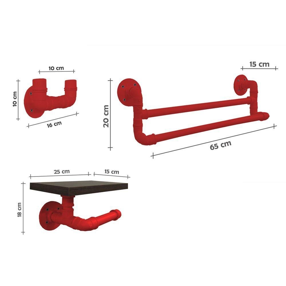 Kit Acessórios Para Banheiro Conjunto 3 Peças Porta Toalhas Papel Cabideiro Vermelho Laca - 3