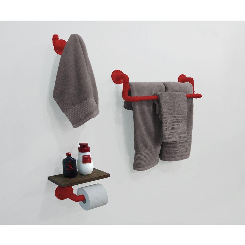 Kit Acessórios Para Banheiro Conjunto 3 Peças Porta Toalhas Papel Cabideiro Vermelho Laca - 1