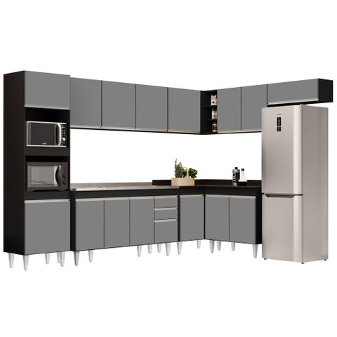 Armário de Cozinha Modulada de Canto 8 Peças CP09 Balcão com Pia Inox Preto/Cinza - Lumil Lumil Móve