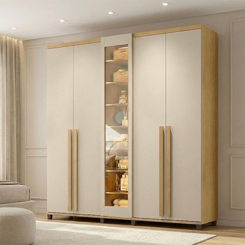 Guarda Roupa Austria Reflecta 5 Portas 3 Gavetas Cabideiro Prateleiras Quarto - Cinamomo/off-white