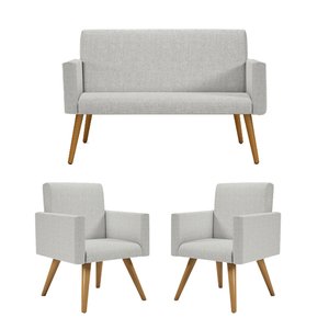 Kit Sofá Namoradeira + 2 Poltronas Decorativas Tecido Linho Cor:Linho Cinza Claro