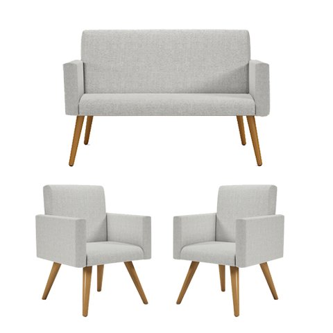 Kit Sofá Namoradeira + 2 Poltronas Decorativas Tecido Linho Cor:Linho Cinza Claro