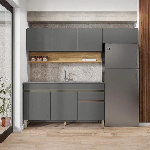 Cozinha Compacta Line 7 Portas 1 Gaveta MDF 150cm Cinza Gris Kit'S Paraná