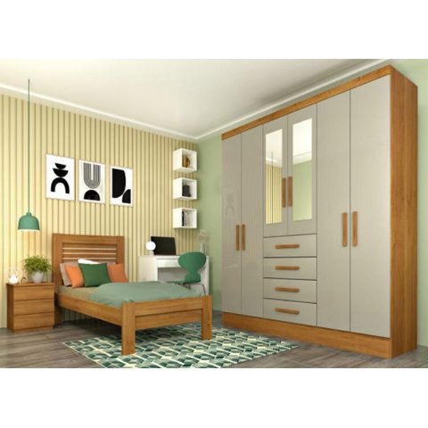 Guarda Roupa Casal com Espelho 6 Portas 4 Gavetas 180cm Arizona Cinamomo/Off White - TCIL Móveis