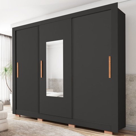 Guarda-Roupas 3 Portas 1 com Espelho 2 Gavetas e Pés Amanda Espresso Móveis Preto