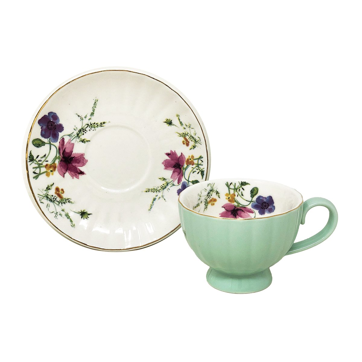 Jogo 6 Xícaras de Café 100ml C/ Pires Verde Floral Cerâmica Premium Luxo Café Cozinha Louças 12pçs