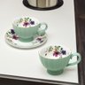 Jogo 6 Xícaras de Café 100ml C/ Pires Verde Floral Cerâmica Premium Luxo Café Cozinha Louças 12pçs - 7