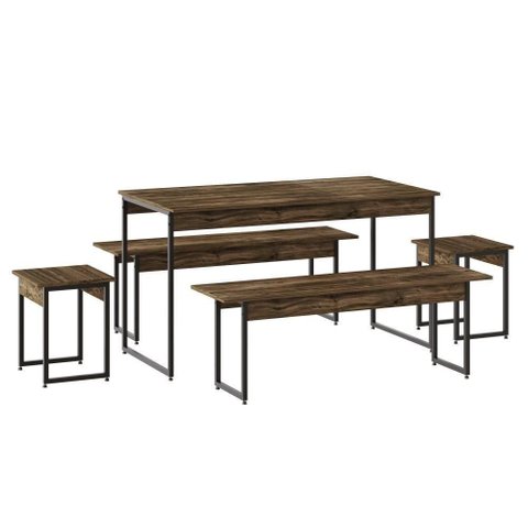 Mesa de Jantar com 2 Bancos e 2 Banquetas Industrial Tub Carvalho Dark / Est.preta