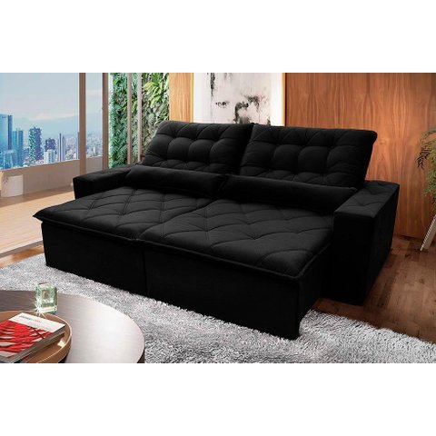 Sofá Retrátil/Reclinável Islândia 2,10m Suede Velut Preto c/ Molas no Assento - King House