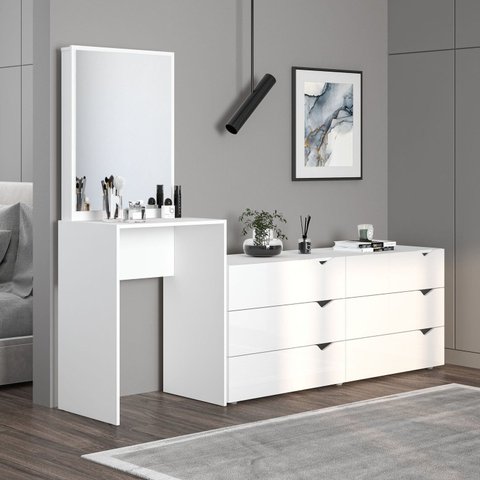 Cômoda para Quarto 6 Gavetas com Espelho Porto Branco