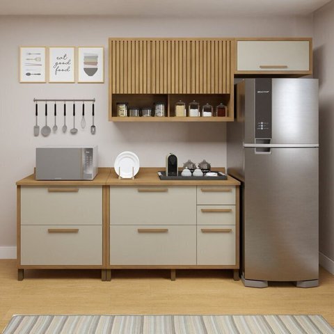 Cozinha Completa Modulada Torino com 2 Balcões e 2 Armarios Aéreos Bege/Cinamomo/Off White