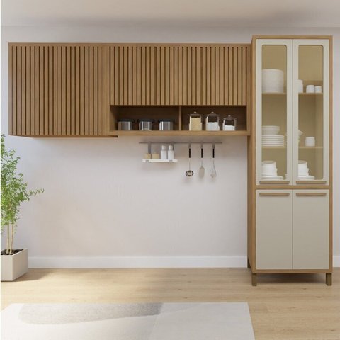 Cozinha Completa Modulada Torino com Paneleiro Vidro Reflecta e 2 Armáreos Aéreos Bege/Cinamomo/Off White