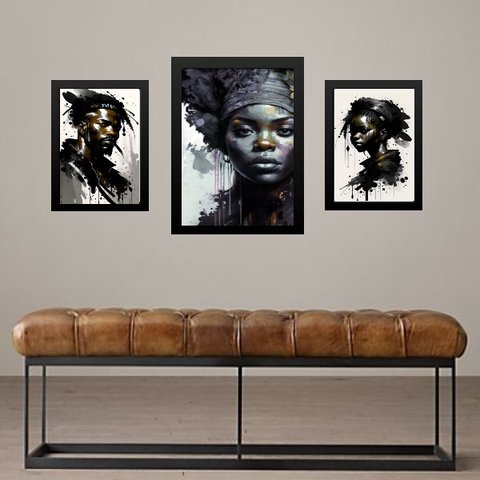 Set 3 Quadros Artes Pessoas Raça Negra:moldura Preta