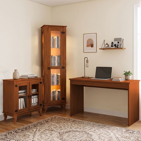 Kit Escrivaninha Veneza e Buffet 2 Portas Imperial e Armário 1 Porta Madeira Torre Luxo Castanho