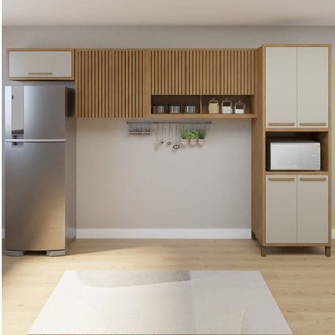 Cozinha Completa Modulada Torino com Paneleiro e 3 Armáreos Aéreos Bege/Cinamomo/Off White