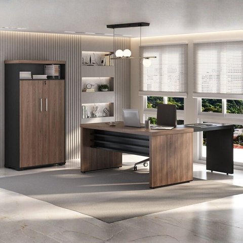 Conjunto 3 Peças com Mesa Tamburato 1600, de Apoio e Armário Multiuso com Nicho Charuto Preto Marrom Artany