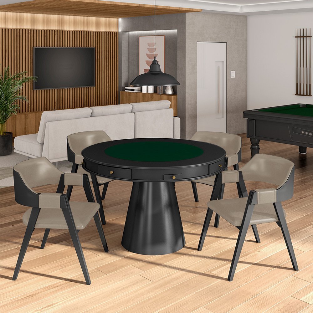 Conjunto Mesa de Jogos Carteado Bellagio Tampo Reversível e 4 Cadeiras Madeira Poker Base Cone Pu Nu - 1
