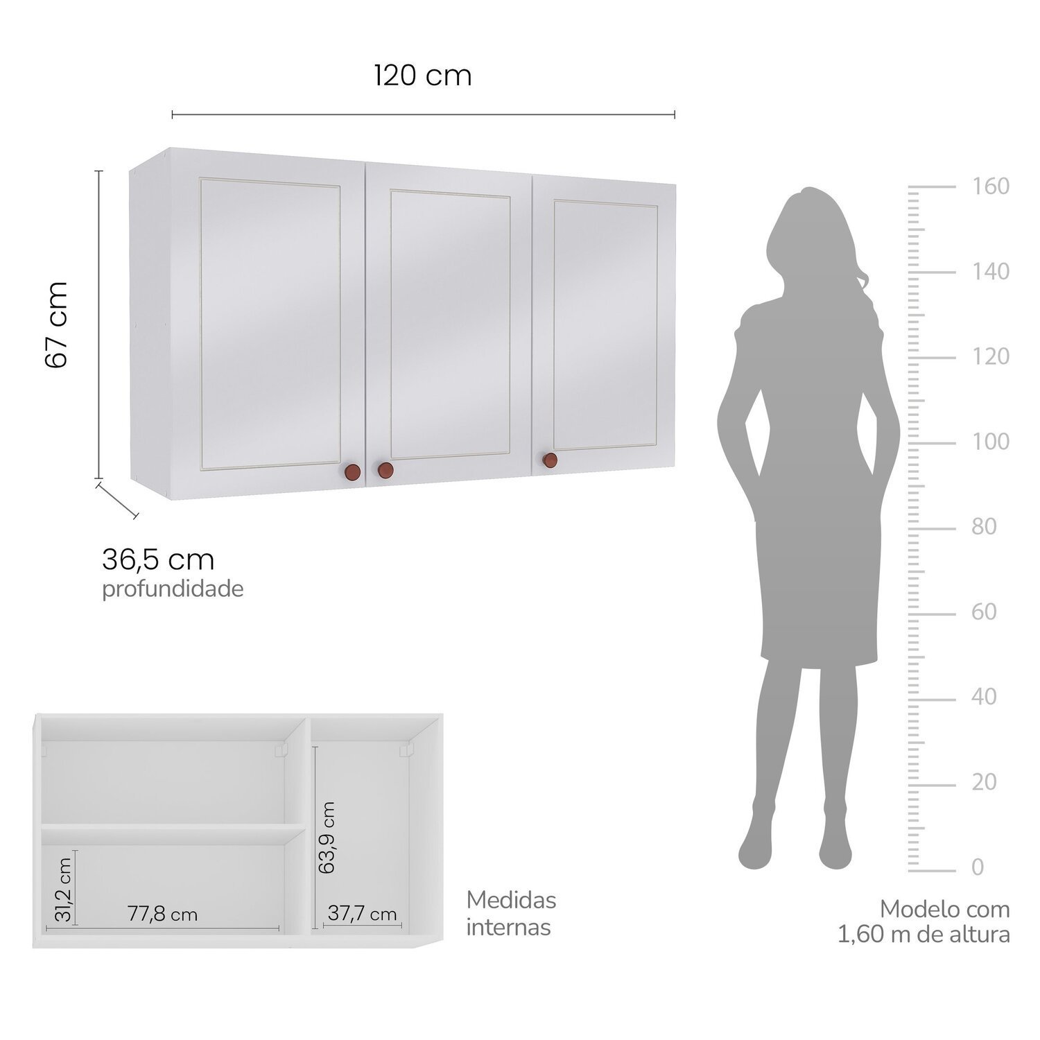 Armário Aéreo 3 Portas 120 Cm Pérola - 4