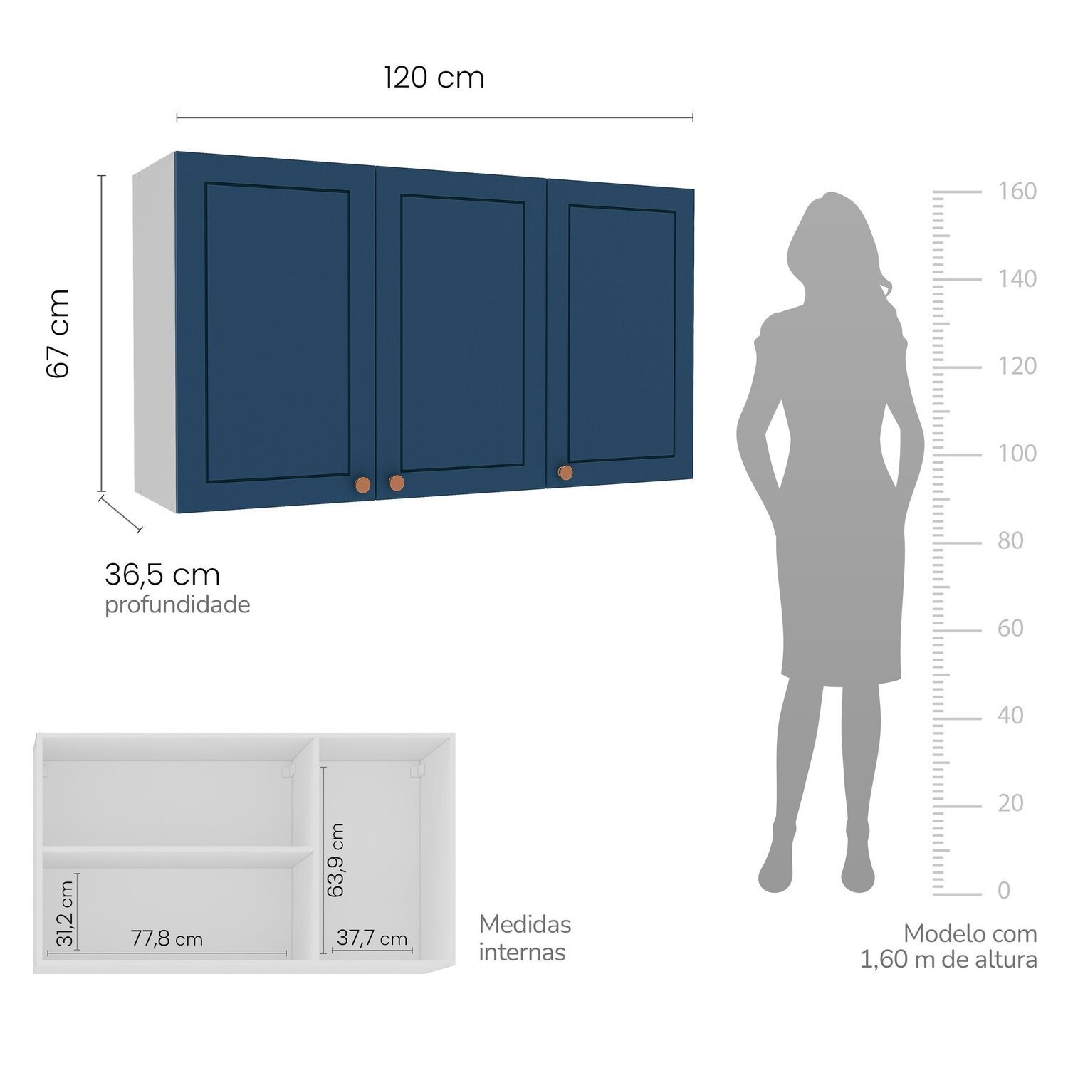 Armário Aéreo 3 Portas 120 Cm Pérola - 4