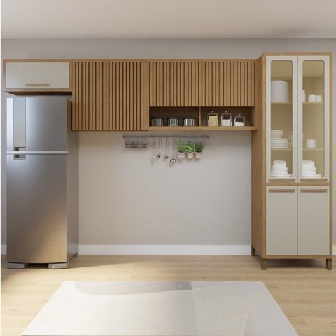 Cozinha Completa Modulada Torino com Paneleiro Vidro Reflecta e 3 Armários Aéreos Bege/Cinamomo/Off White