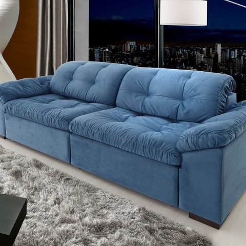 Sofá Retrátil e Reclinável 2 Lugares Veludo Azul Pérola 220cm
