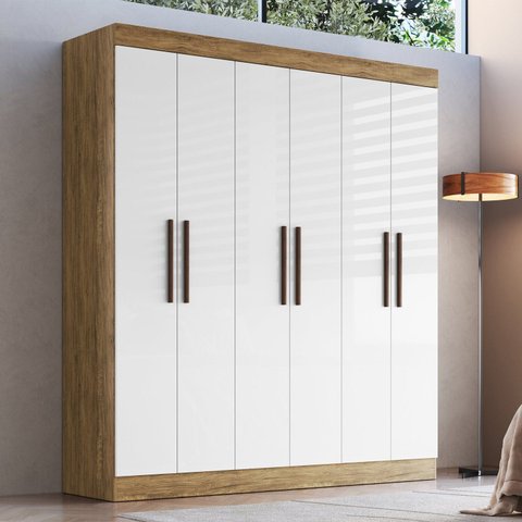 Guarda-Roupa New Xangai 6 Portas 2 Gavetas Internas Bege/Off White/Nogueira