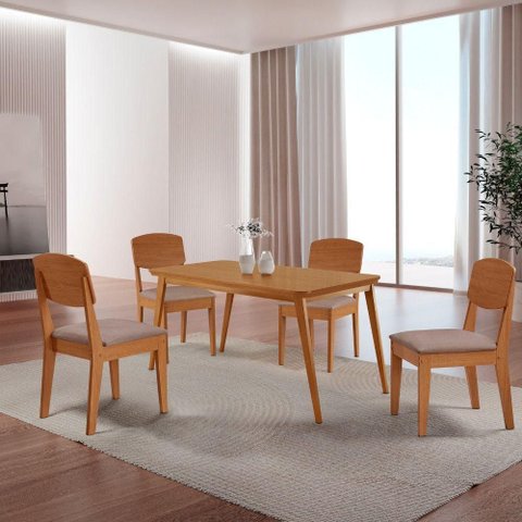 Mesa de Jantar Copper 120cm Tampo Mdf com 4 Cadeiras Moderna Linho Capuccino/naturale/naturale