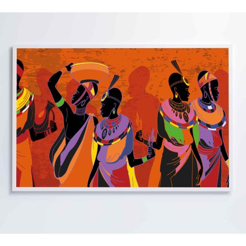 Quadro Mulheres Africanas em Vestidos Coloridos Decor&quadros Art015 60x40 Cm Vidro Impresso