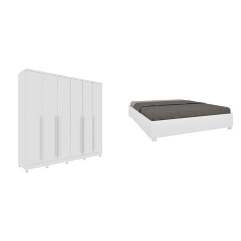 Conjunto Guarda Roupa Casal 6 Portas 8 Gavetas Puxador MDF com Pés Portugal e Cama Casal Monaco Branco/Neve