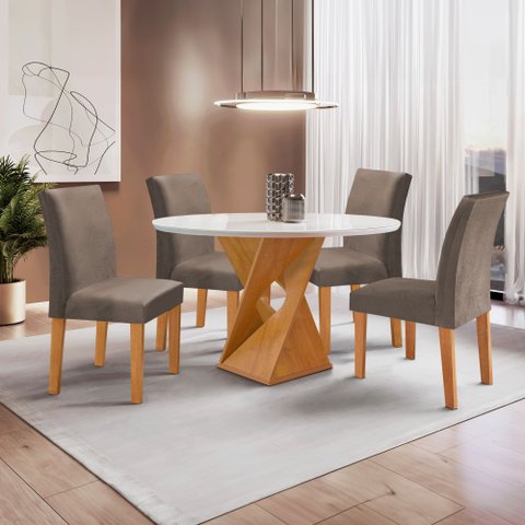 Conjunto Sala de Jantar Mesa Redonda 4 Cadeiras Vidro Barcelona Yescasa Cinamomo/Off White/Veludo Bege