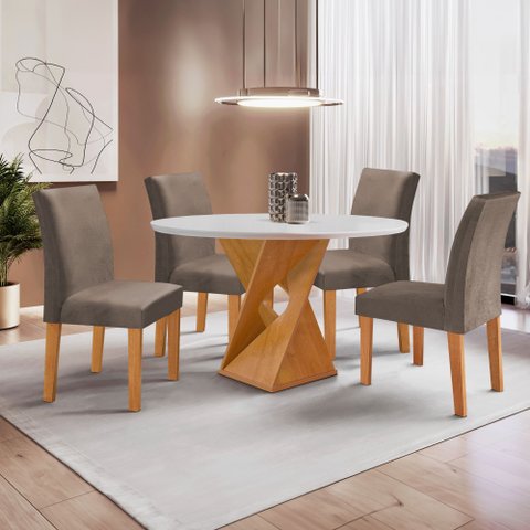 Conjunto Sala de Jantar Mesa Redonda 4 Cadeiras Tampo de MDF Barcelona Yescasa Cinamomo/Off White/Bege