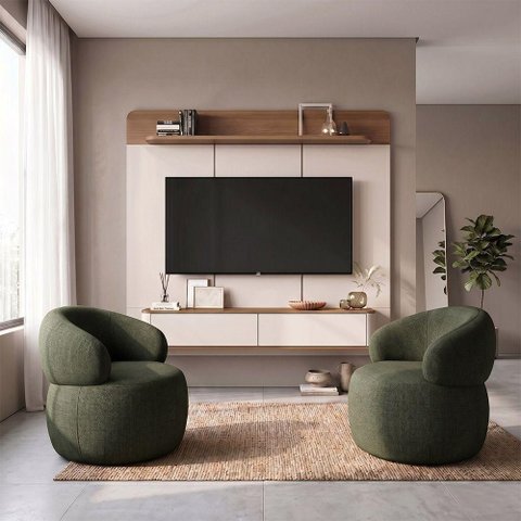 Conjunto de Sala Painel 2 Poltronas Eloah MDF TV 70 Verde Home Concept