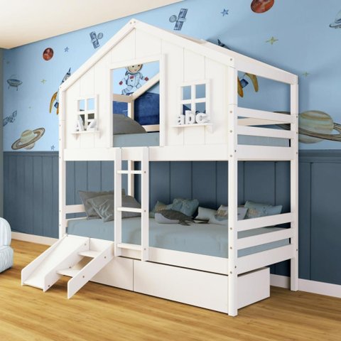 Beliche Casinha Dos Sonhos com 02 Gavetas Kit Escada/ Escorregador Madeira Maciça Branco