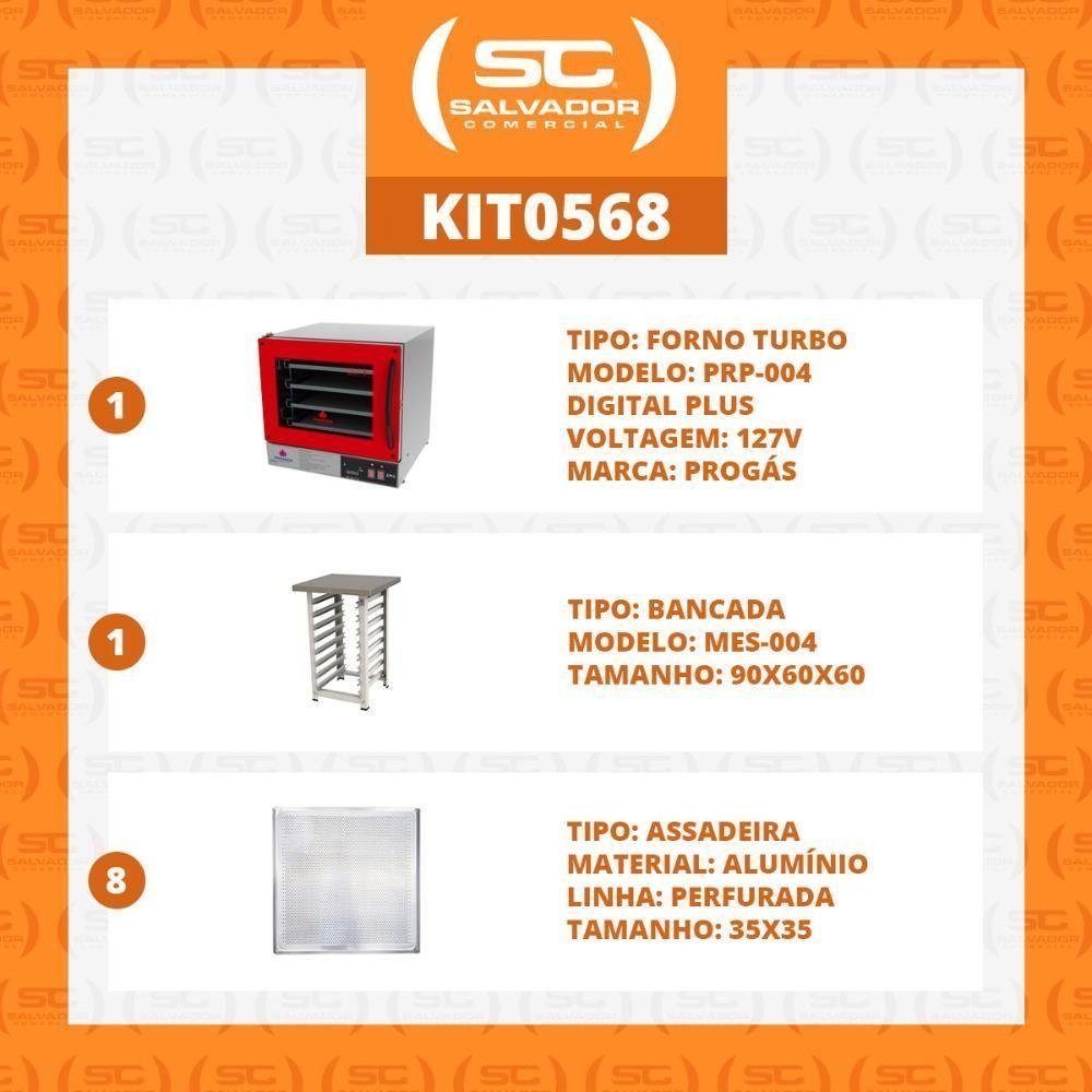 Kit - Forno Turbo Prp-004 Plus Digital 127v Vermelho + Bancada Mes-004 + 8 Assadeiras - Progás 127v - 4