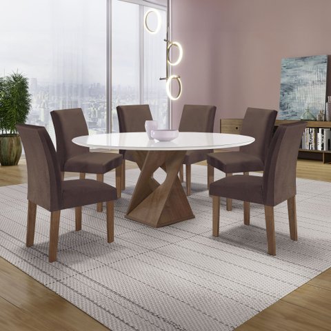 Conjunto Mesa Barcelona 120cm com 6 Cadeiras Espanha Tampo Plus Redondo Vidro Yescasa