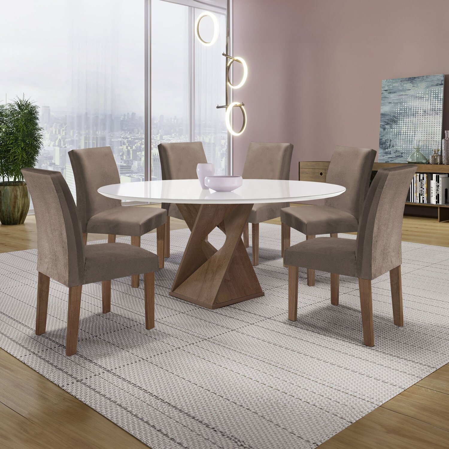 Conjunto Mesa Barcelona 120cmx120cm 6 Cadeiras Espanha Tampo Plus Redondo Vidro Yescasa - 1