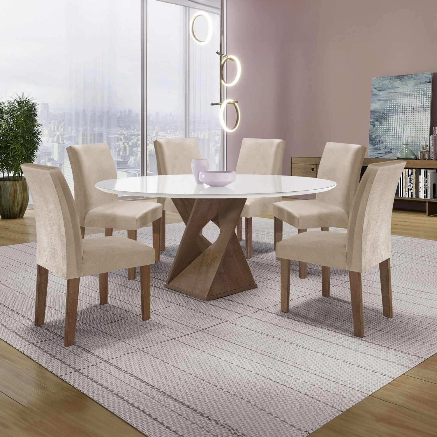 Conjunto Mesa Barcelona 120cmx120cm 6 Cadeiras Espanha Tampo Plus Redondo Vidro Yescasa - 1