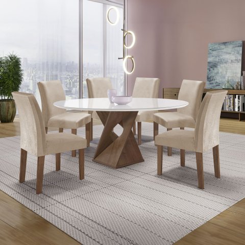 Conjunto Mesa Barcelona 120cm com 6 Cadeiras Espanha Tampo Plus Redondo Vidro Yescasa