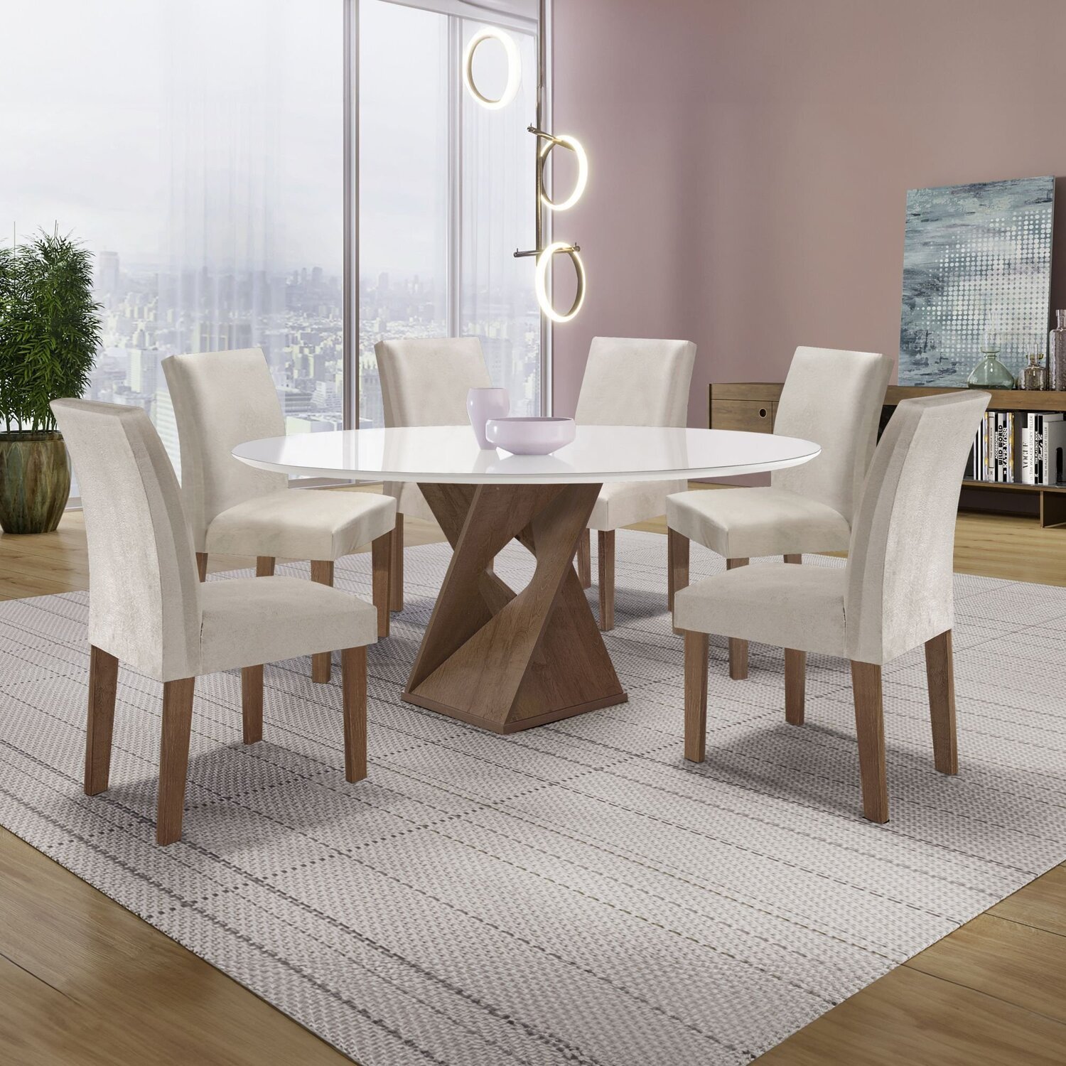 Conjunto Mesa Barcelona 120cmx120cm 6 Cadeiras Espanha Tampo Plus Redondo Vidro Yescasa - 1