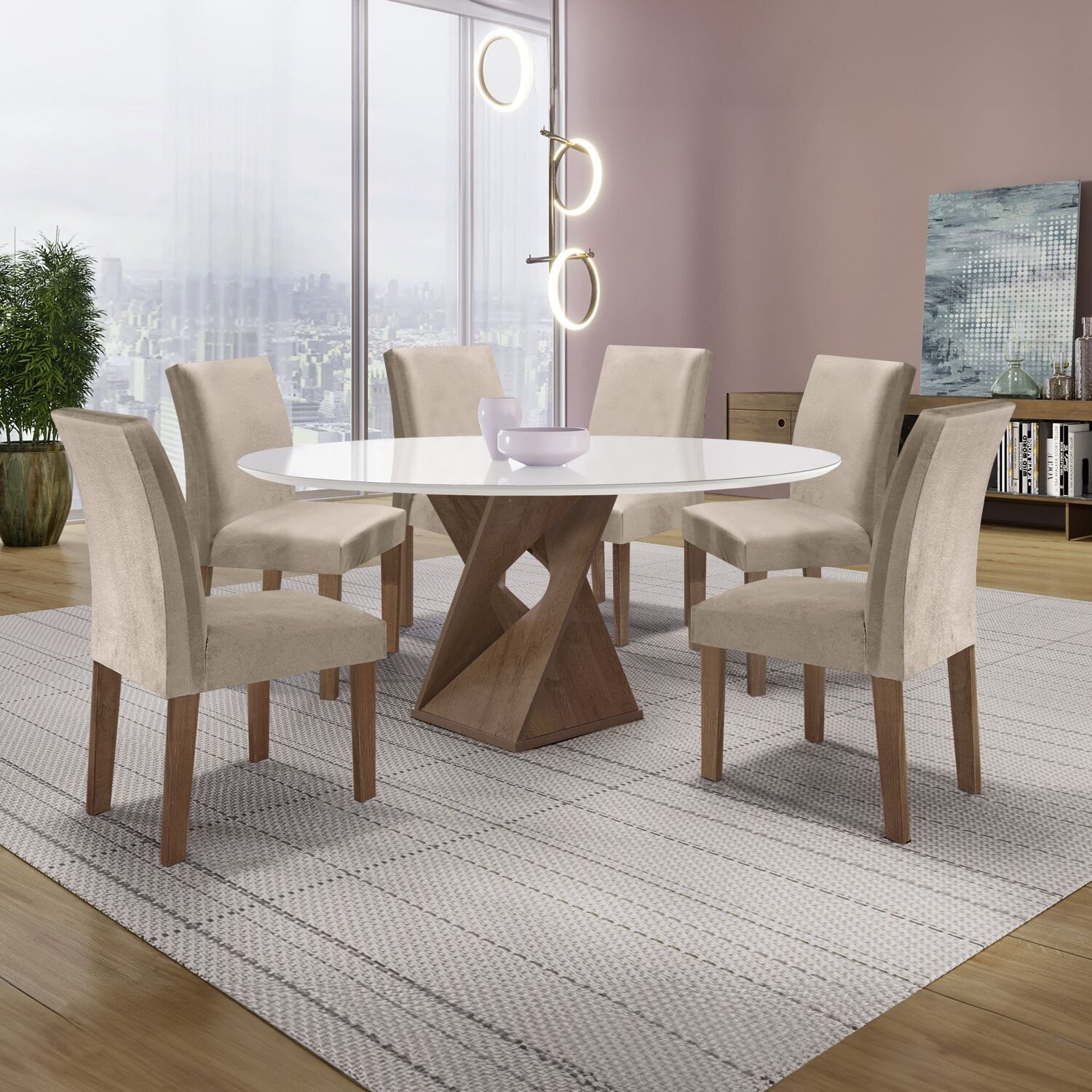 Conjunto Mesa Barcelona 120cmx120cm 6 Cadeiras Espanha Tampo Plus Redondo Vidro Yescasa - 1