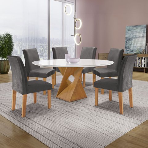 Conjunto Mesa Barcelona 120cm com 6 Cadeiras Espanha Tampo Plus Redondo Vidro Yescasa