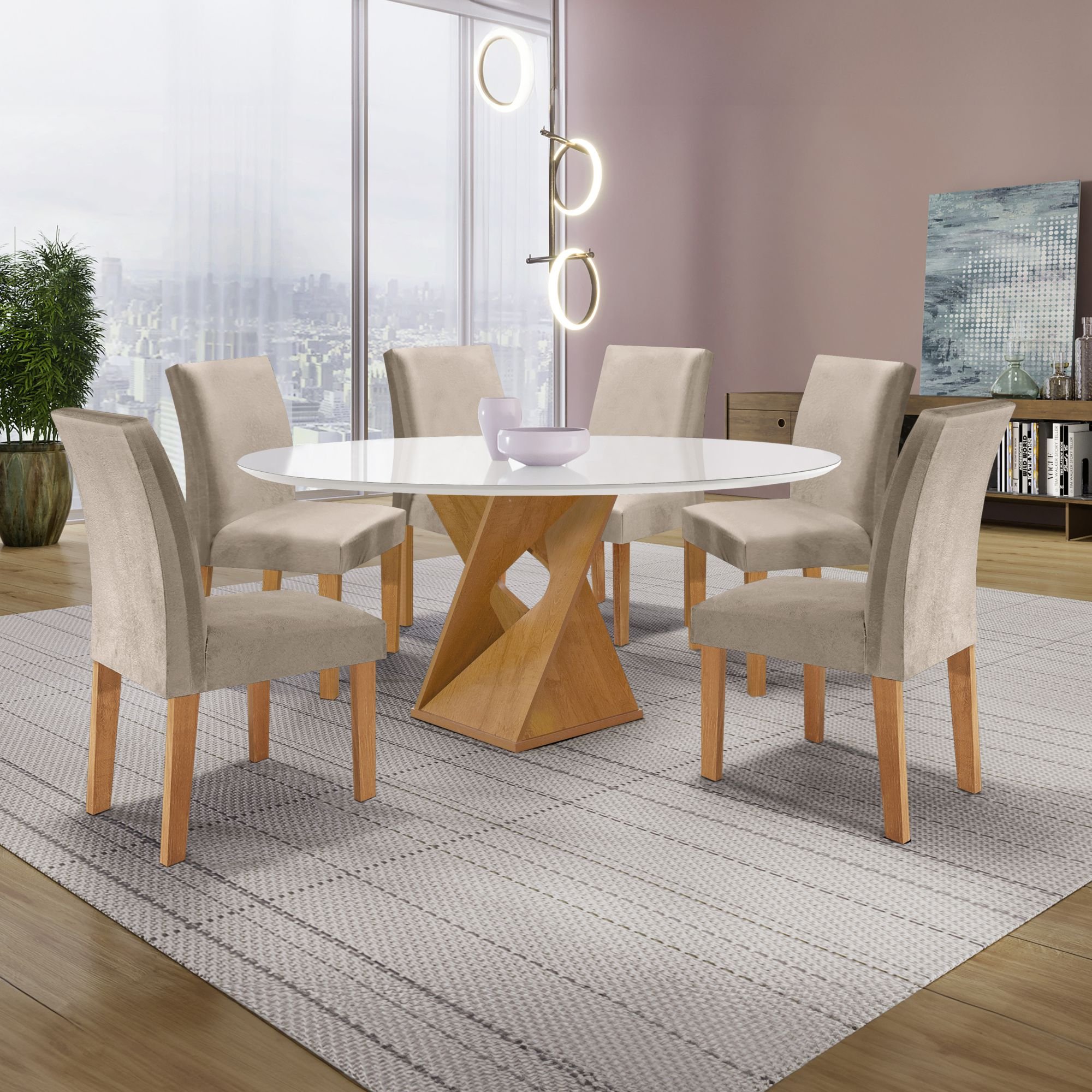 Conjunto Mesa Barcelona 120cmx120cm 6 Cadeiras Espanha Tampo Plus Redondo Vidro Yescasa - 1