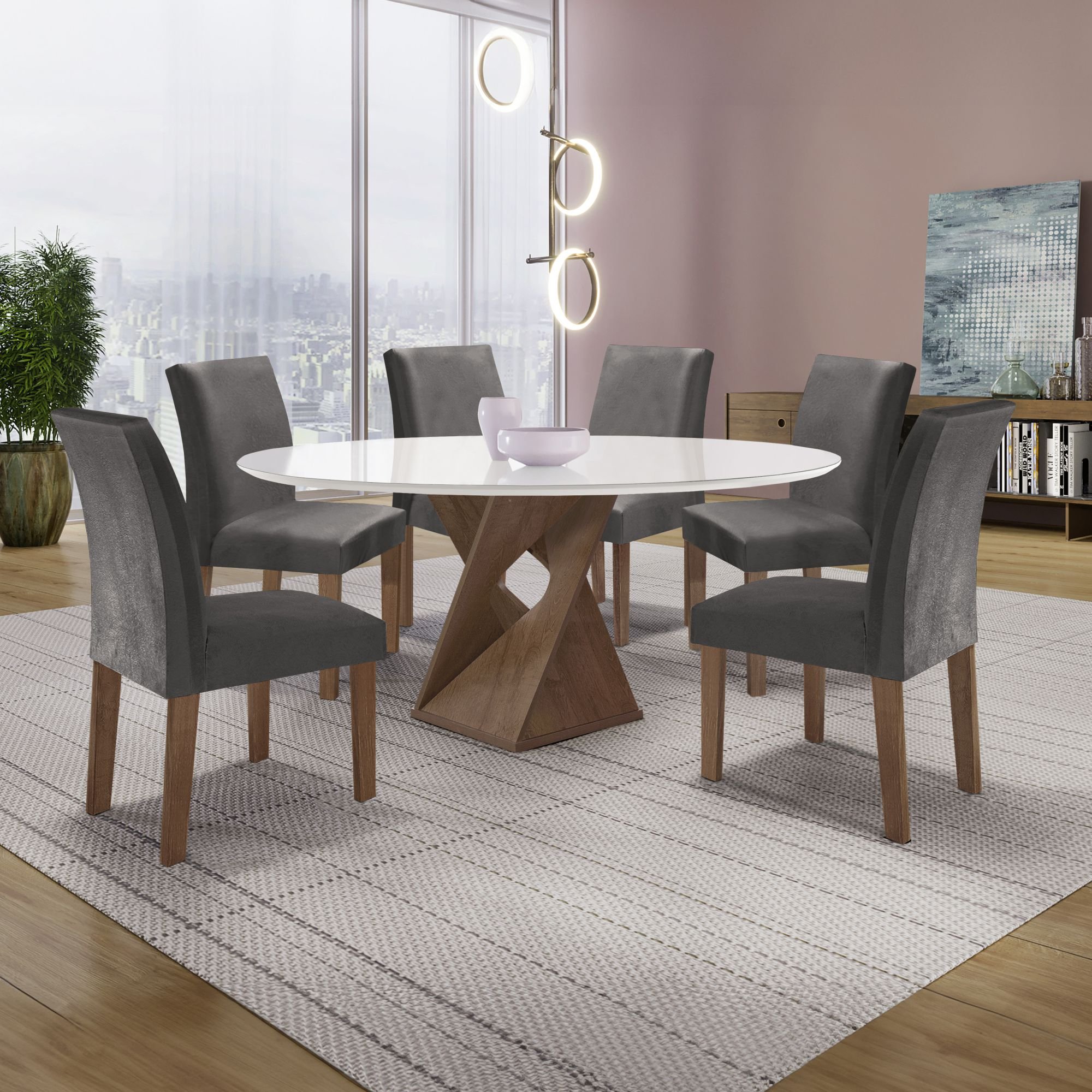 Conjunto Mesa Barcelona 120cmx120cm 6 Cadeiras Espanha Tampo Plus Redondo Vidro Yescasa - 1