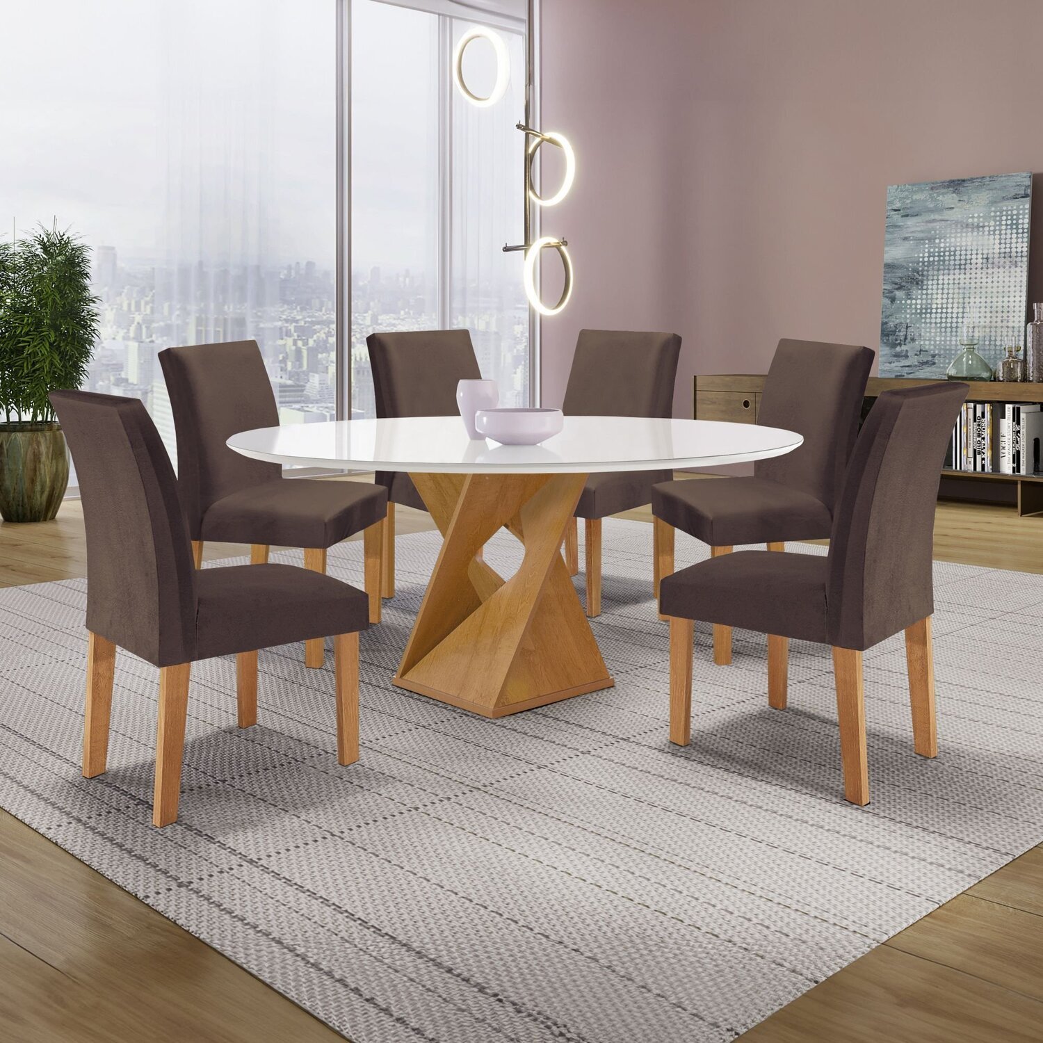 Conjunto Mesa Barcelona 120cmx120cm 6 Cadeiras Espanha Tampo Plus Redondo Vidro Yescasa - 1